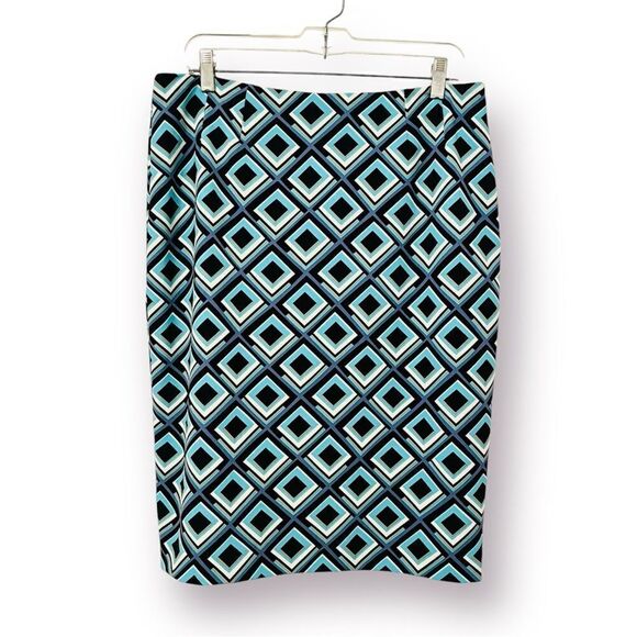 KASPER Abstract Print Pencil Skirt Back Slit Navy Blue Teal 10 - Picture 1 of 10